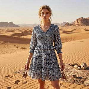 Floral <b>Print</b> Tiered Casual Dress Long Sleeve V Neck Flare Women's Daily Wear Sustainable Hand <b>Block</b> <b>Printed</b> 100% Cotton Natural - Product Image 1