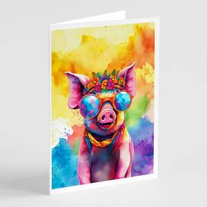 Whimsical A7 Size <b>5x7</b> Pack of 8 NEW Hippie Animal Pig Blank Note Cards with <b>Envelopes</b> Greeting Cards - Product Image 1