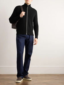 Suéter de Lana Negro Acanalado con Cremallera para Hombre, Cuello Alto, Casual, de Invierno, Tejido, Ajuste Regular, Color Sólido, ODM, Antiarrugas - Product Image 4