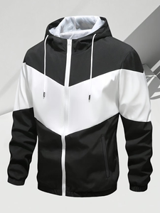 Men's Hooded Color-Blocking Sporty Jacket Set Black White Quick Dry Breathable Knitted 100% Polyester Autumn Wear Outfit Set - Product Image 2