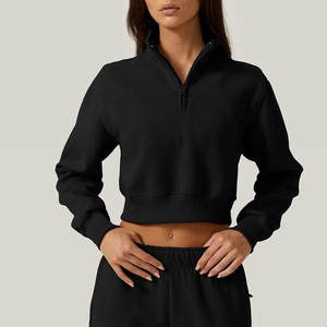 Nueva Llegada: Sudadera Corta Negra de Mujer con Media Cremallera, Cuello Alto, Manga Larga, Tejido Sólido, Transpirable, Ajuste Regular, Ideal para Otoño - Product Image 2