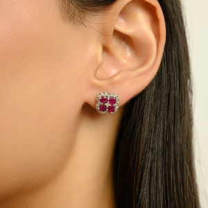 Pendientes Elegantes de Plata 925 con Diseño Floral, Racimo de Rubíes Genuinos de Corte Redondo, para Mujer - Product Image 2