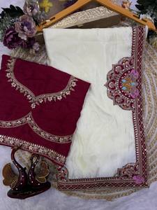 Sari en soie Ho de créateur, magnifiquement brodé de sequins et de Dori, non cousu, coupe ajustée pour mariage, toutes saisons - Product Image 1