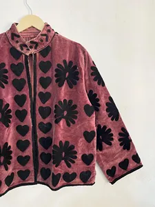 Women Pink Velvet Embroidered Jacket Heart Motif Floral Design Bohemian Handmade Winter Outerwear - Product Image 3