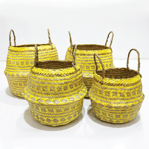 New Design Circle Durable Palm Leaf Belly <b>Basket</b> Yellow Woven Storage Bin <b>Foldable</b> with Handle - Product Image 3