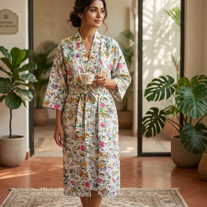 Bata Kimono de Algodón con Estampado Floral, Blanca, Manga Larga, Bolsillo Frontal, Cinturón con Cordón, Ligera, para Descansar o Baño - Product Image 2