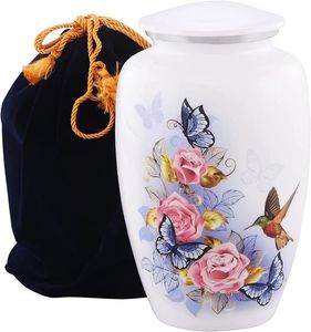 Urne funéraire blanche avec motif rose et papillon pour adultes - Urne funéraire pour cendres humaines, urne commémorative pour enterrement, vente en gros - Product Image 1