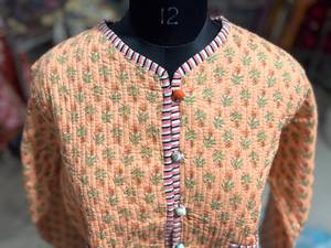 Quilted Cotton Jacket Women Floral Print Mandarin Collar Full Sleeve Autumn Style <b>Covered</b> <b>Button</b> Closure GIFT FOR HER - Product Image 2