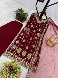 Burgundy Embroidered Indian Pakistani Set Long <b>Top</b> Palazzo Dupatta <b>Net</b> Party Outfit Women Heavy Faux Georgette Quick Dry All - Product Image 4