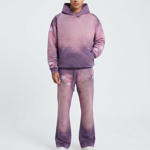 Ensemble de survêtement à capuche tie-dye violet pour homme, manches longues, imprimé étoiles dégradé, joggers décontractés avec poches latérales, tenue d'automne - Product Image 1