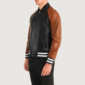 Veste en cuir pour homme, couleur noire et marron, avec fermeture éclair, col rabattu, coupe classique, pour l'automne - Product Image 1