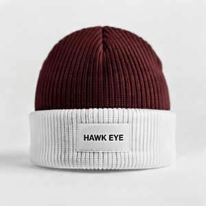 Bonnet tricoté bicolore personnalisé avec revers et étiquette logo tissée, bonnet d'hiver côtelé color block, vente en gros unisexe - Product Image 4