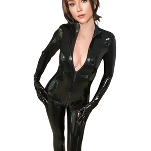 Mono de manga larga negro de PU para mujer, de cintura alta, largo completo, sexy, elástico, ajustado al cuerpo, ideal para discoteca - Product Image 3