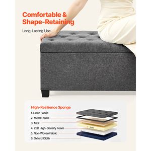 Panca contenitore moderna con bottoni trapuntati, struttura in metallo, rivestimento in lino, con vano contenitore a ribalta per la camera da letto e l'arredamento domestico - Product Image 4