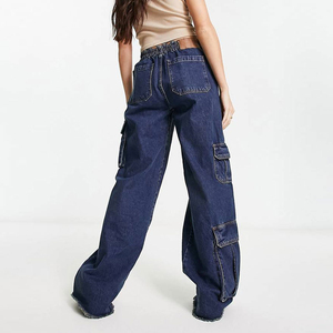 Pantalon cargo en jean délavé taille haute pour femme, coupe ample, longueur intégrale avec poches, style décontracté - Product Image 2