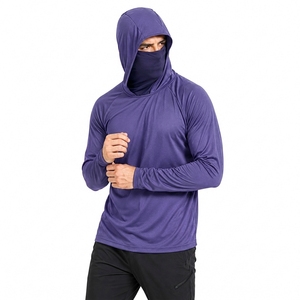 เสื้อเชิ้ตแขนยาวมีฮู้ดสำหรับผู้ชาย UPF 50 สีม่วงล้วน ผลิตจากโพลีเอสเตอร์ เหมาะสำหรับตกปลา - Product Image 4