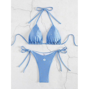 2026 New Women's Rhinestone Sky Blue Triangle <b>Bikini</b> <b>Set</b> Halter Neck Side Tie Two Piece Swimwear Light Blue Beachwear Bulk Order - Product Image 3