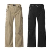 Celana Pria Khaki Katun Kanvas Lurus Ringan Gaya Hip Hop Warna Gelap Pinggang Elastis Banyak Kantong Kasual untuk Musim Semi