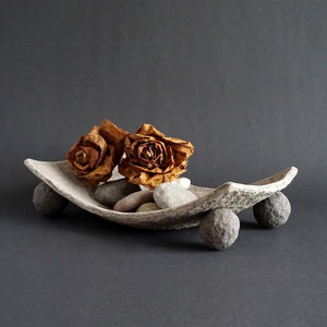 Brown Paper Mache Footed Tray Rustic Earthy Decorative Bowl on Sphere Legs Organic Textured - Product Image 2