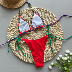 Ensemble de bikini rayé pour femme de qualité supérieure, haut triangle à col en V profond, bas string, décoration de perles, maillot de bain extensible - Product Image 5