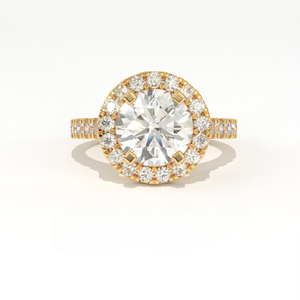 Anillo de compromiso Aarinya con diamante cultivado en laboratorio de corte arquitectónico en esquina, chapado en oro de 14K, engaste francés, certificado IGI, banda pavé y halo - Product Image 1