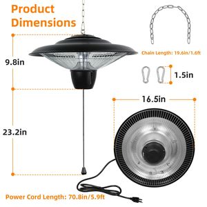 Chauffe-terrasse électrique suspendu ultra-silencieux 1500W, lampe chauffante élégante pour espaces extérieurs - Product Image 6