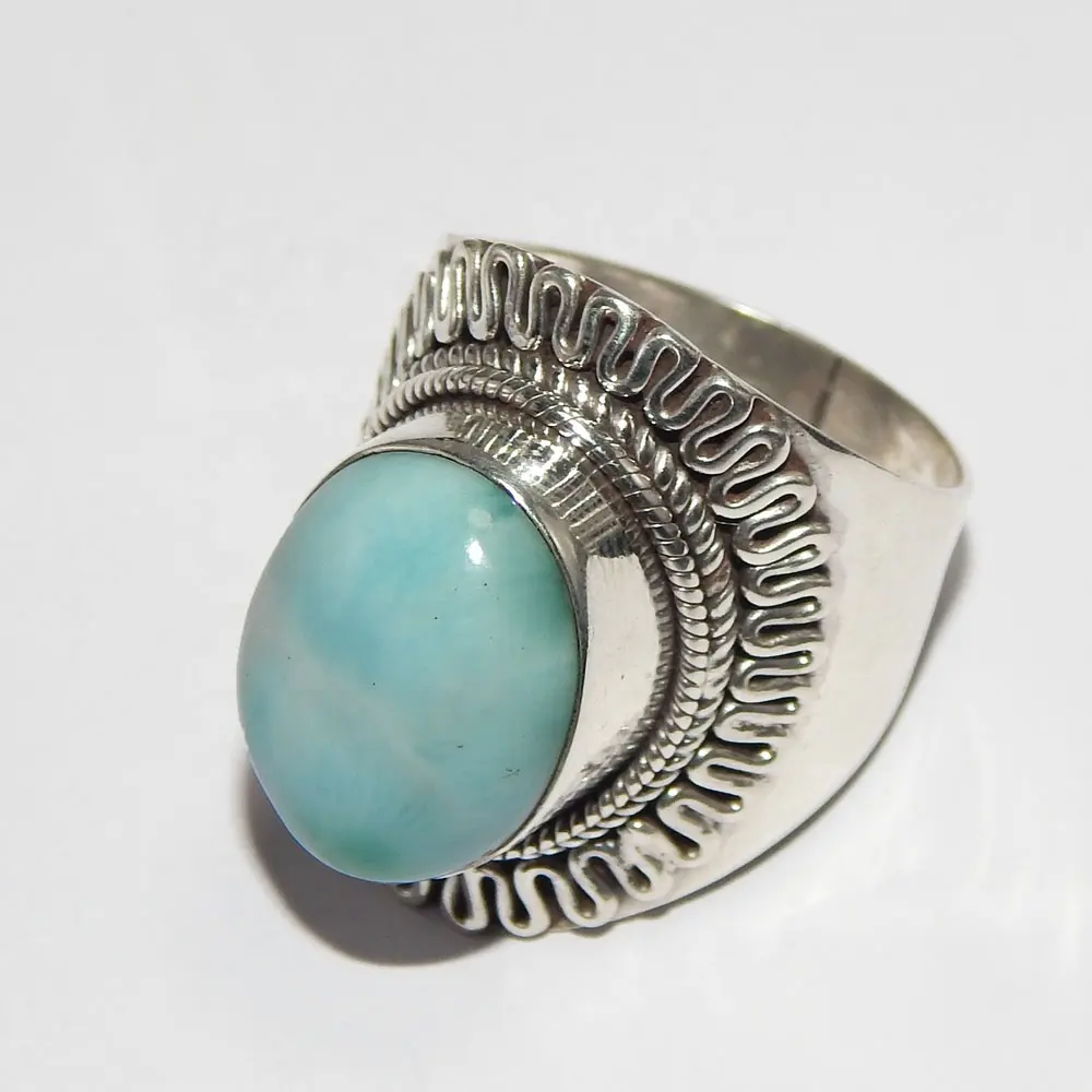 New Arrival 925 Solid Sterling Silver Ring Oval Cut Larimar Gemstone Ring For Woman