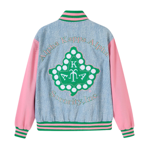AKA 1908 Denim Bomber Jacket for Women Light Blue Pink Green Varsity Style Snap Button Jacket Premium Casual Outerwear - Product Image 4