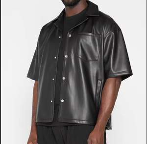 High Quality 100% Leather Turtleneck Short Sleeve Baggy Shirt Men Oversized Plain Dyed Solid Casual Windproof Breathable Quick - Product Image 2