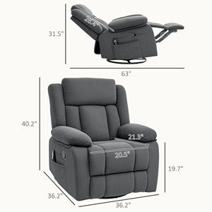 Poltrona Reclinabile Girevole Oversize in Grigio, con Funzione Riscaldante, Rivestimento in Vera Pelle, Poggiapiedi, Telecomando e Tasche Laterali - Product Image 3