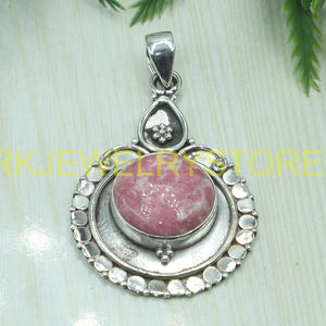 Colgante de Rodonita Rosa Natural Hecho a Mano en Plata de Ley 925, Joyería Boho Vintage, Gema Cabujón Redonda, Regalo para Ella - Product Image 2