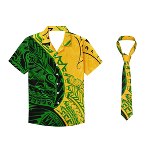 Ensemble chemise et cravate hawaïennes pour homme, imprimé floral jaune et vert, manches courtes, col rabattu, chemise tricotée tropicale pour les vacances d'été - Product Image 1