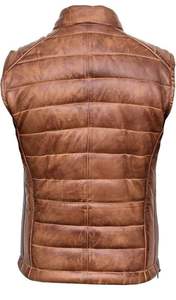 Gilet matelassé en cuir véritable marron pour homme avec col montant et fermeture éclair, vêtement d'extérieur décontracté pour l'hiver - Product Image 3