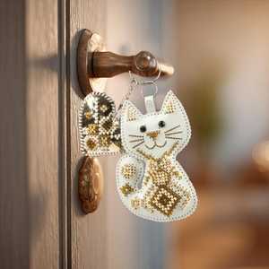 Beaded Cat <b>Keychain</b> Embroidery Kit on Eco <b>Leather</b> DIY Handmade Accessory by Wonderland Crafts - Product Image 1