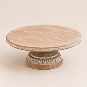 Rustic Farmhouse Whitewashed Wooden <b>Cake</b> <b>Stand</b> Round Pedestal Tray With Vintage Beaded Edge For Wedding Party And Decoration - Product Image 5