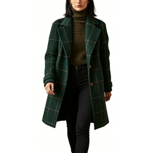 Manteau en laine gris à carreaux pour femme, double boutonnage, col à revers, longueur midi - Product Image 4
