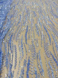 Offre Spéciale Tissu de dentelle bleu de luxe personnalisable avec perles et pierres Fournisseur de tissu de mariée de mariage en Inde - Product Image 4