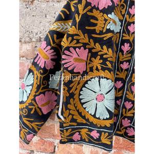 Indian Floral Embroidered Quilted Velvet Jacket with Two Side Pockets Unisex Quick Dry Hand <b>Stitch</b> Suzani Design - Product Image 5