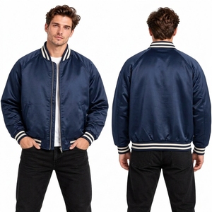 Striped Rib Collar Classic Navy <b>Blue</b> Satin Varsity <b>Jacket</b> <b>Mens</b> Premium Quality Breathable Heated <b>Jackets</b> - Product Image 1