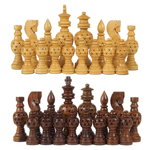 Handcrafted <b>Wooden</b> <b>Chess</b> Pieces <b>Set</b>, Brown and Natural Wood, Carved Star Pattern Design Traditional Style Full Size Tournament - Product Image 1