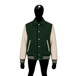 Veste universitaire verte pour homme avec manches crème, col rabattu, style preppy, mélange laine et polyester, vêtement d'automne MODERN LETTERMAN BA - Product Image 1