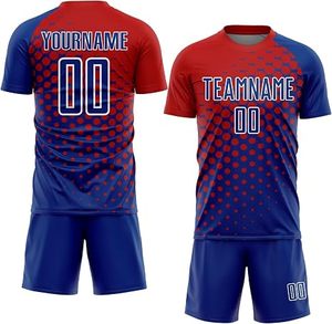 Uniforme de football de qualité supérieure pour hommes, rouge et bleu, sublimé, manches courtes, 100% polyester, séchage rapide, nom de l'équipe imprimé - Product Image 3