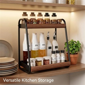 2 Tier Spice Rack Wooden Metal <b>Kitchen</b> Organizer Shelf Wall Mounted <b>Storage</b> Jar Holder Home Decor Modern <b>Kitchen</b> <b>Storage</b> - Product Image 5