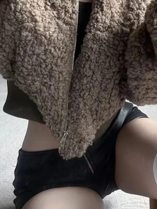 Women's Black <b>Pu</b> <b>Leather</b> Shorts Mid Waist Elastic Closure Casual Style Short Pants Solid Color Fleece Jacket Outerwear Custom - Product Image 2