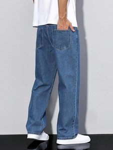 Jean en denim bleu délavé mi-bleu, coupe ample et large, taille mi-haute, 100 % coton, décontracté, uni, style baggy pour homme - Product Image 2
