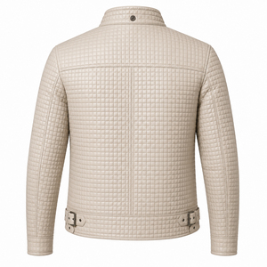 Men's Quilted PU Leather Moto <b>Jacket</b> Stand Collar Zipper Closure Slim Fit Regular Length Autumn Style Solid Color - Product Image 2