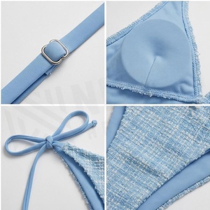 Women's Light <b>Blue</b> Halter <b>Bikini</b> <b>Set</b> With Tie Side Bottoms And Drawstring Detail Regular Fit Two Piece Swimwear - Product Image 4