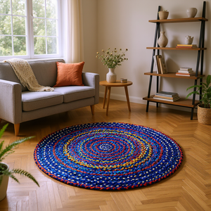 Alfombra Redonda Azul Hecha a Mano de Algodón Trenzado Chindi, Ecológica, Reversible, Multicolor, Circular, en Espiral, para Decoración Boho - Product Image 1