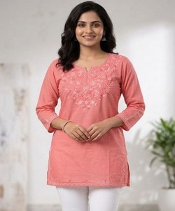 Kurta Rosa de Algodón con Bordado para Mujer, Ropa Casual Tradicional India, Largo Midi, Corte Regular, BLUESTAR- BS...159- 85418 - Product Image 1