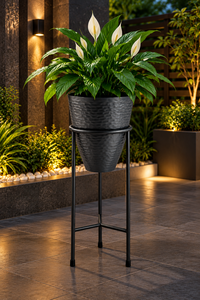 Jardinière en métal martelé noir anthracite avec support trépied, pot de fleurs texturé moderne pour intérieur, extérieur, jardin, balcon - Product Image 6